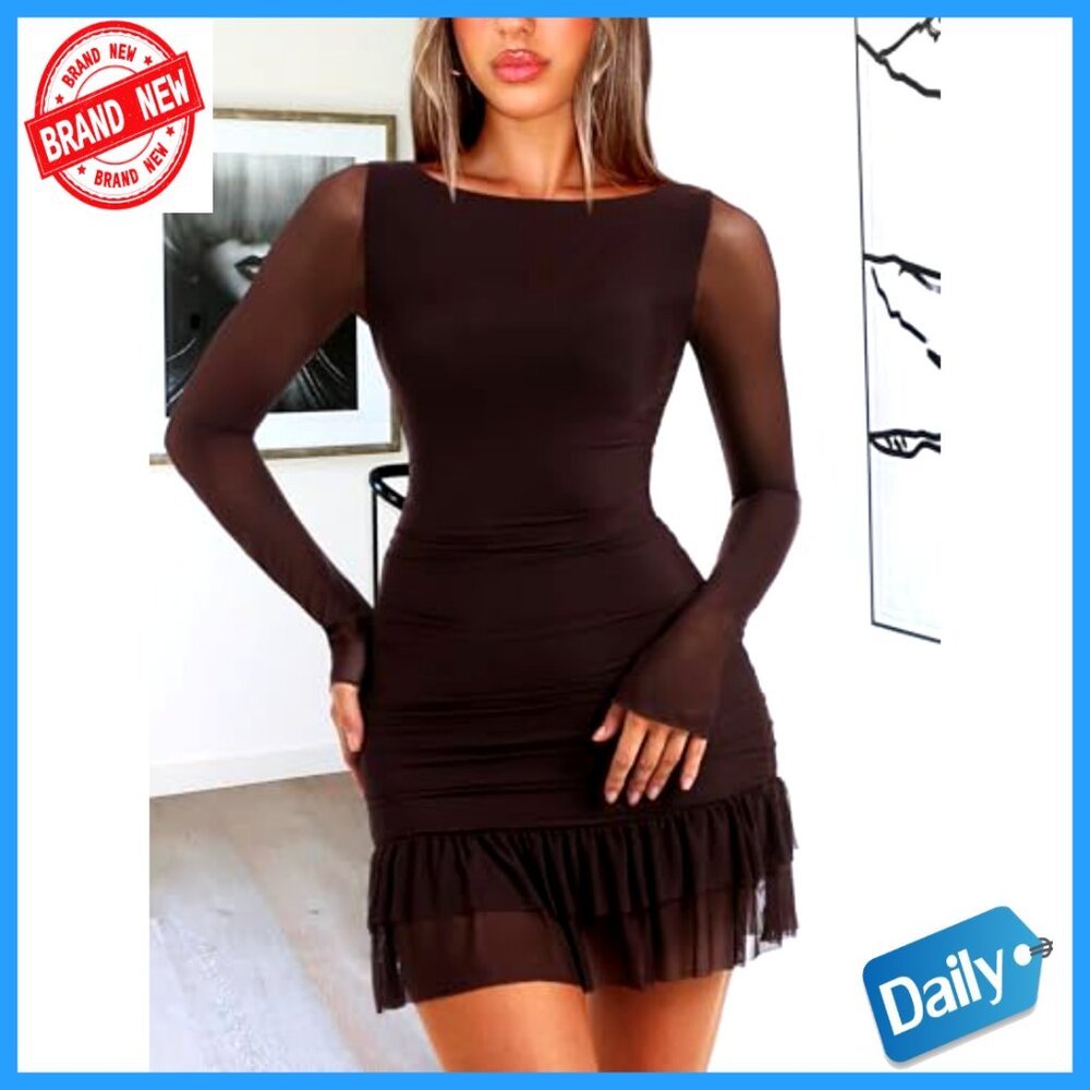 Long Sleeve Boat Neck Bodycon Mini Dress Mesh Ruffle Club Cocktail Party - Picture 2 of 7